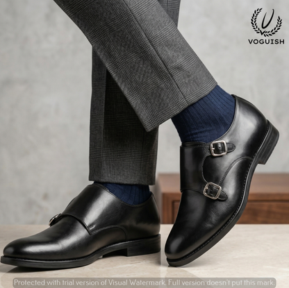 Premium Leather Double Monk Strap Shoes in Black | VOGUISH-019