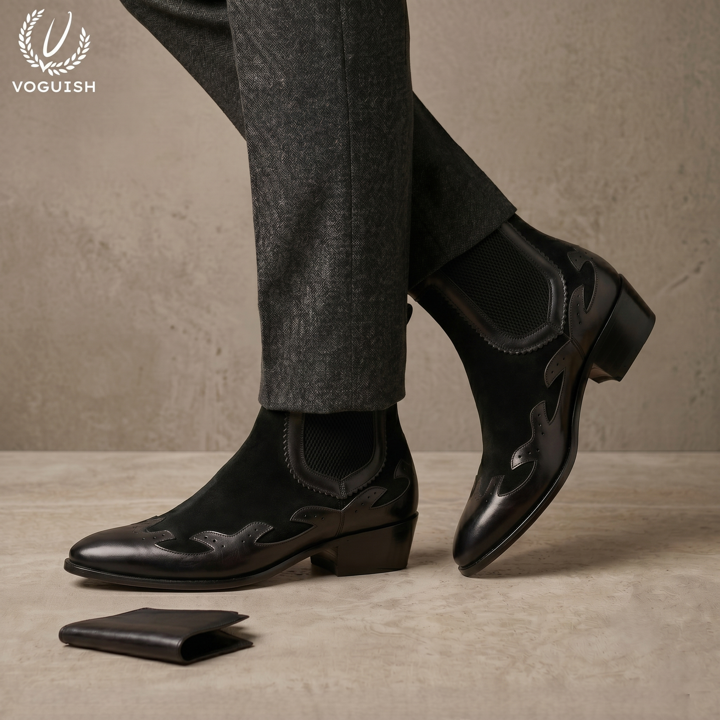 Voguish Black Leather & Suede Western Chelsea Boots-1203