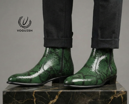 Green Snakeskin Leather Chelsea Boot - 1054 - Product View