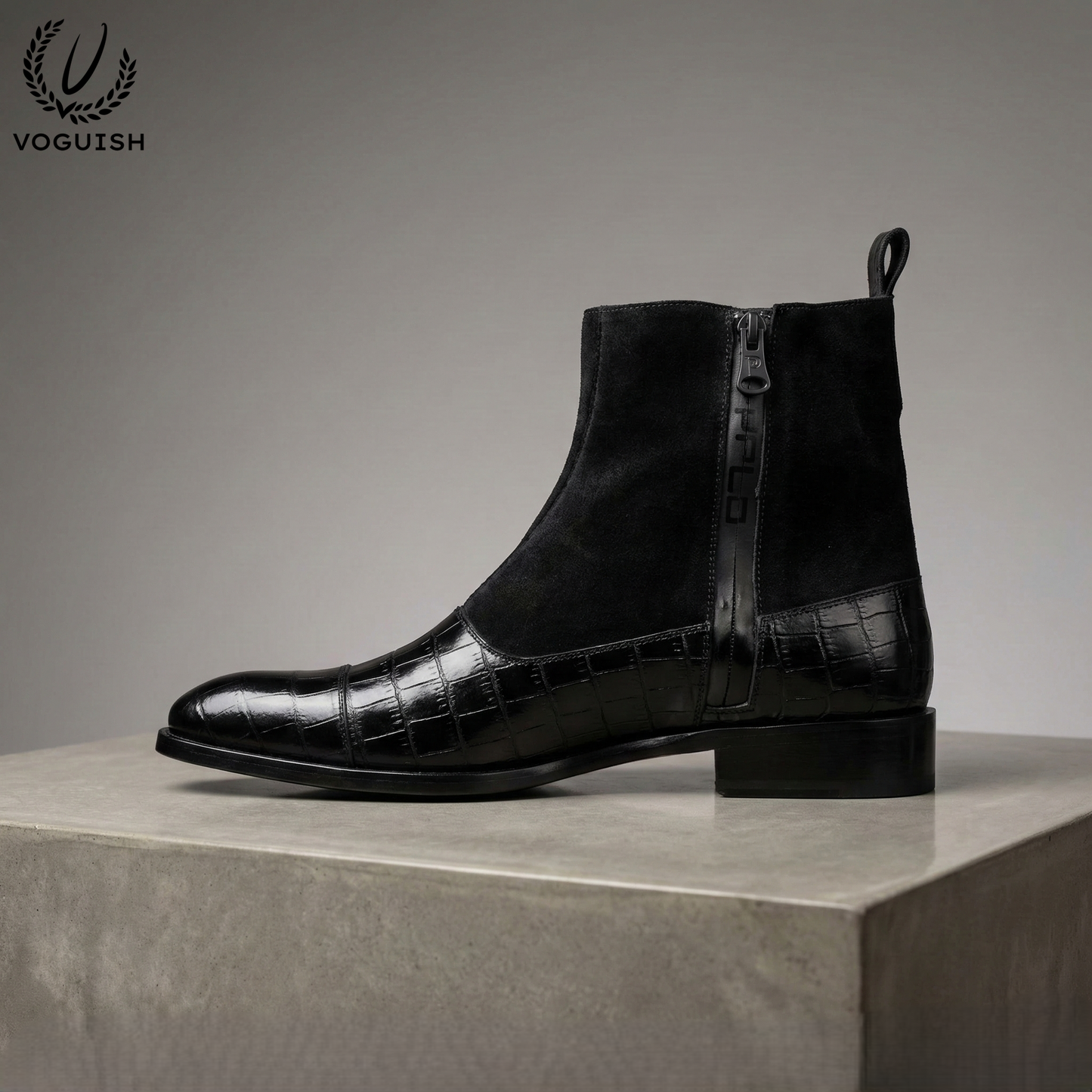 Black Crocodile-Embossed Leather and Suede Double-Buckle Chelsea Boot- 1058 - Product View