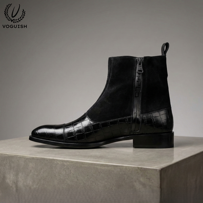 Black Crocodile-Embossed Leather and Suede Double-Buckle Chelsea Boot- 1058 - Product View