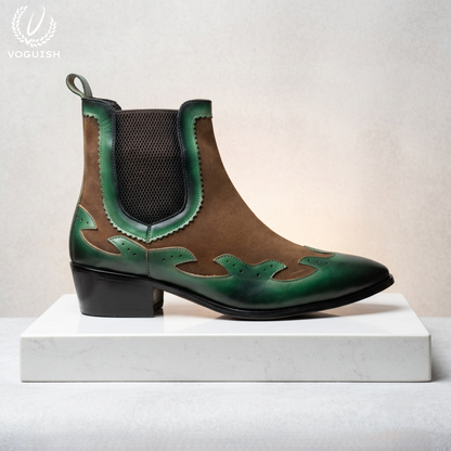 Voguish Men's Green & Brown Suede Western Chelsea Boots-1203