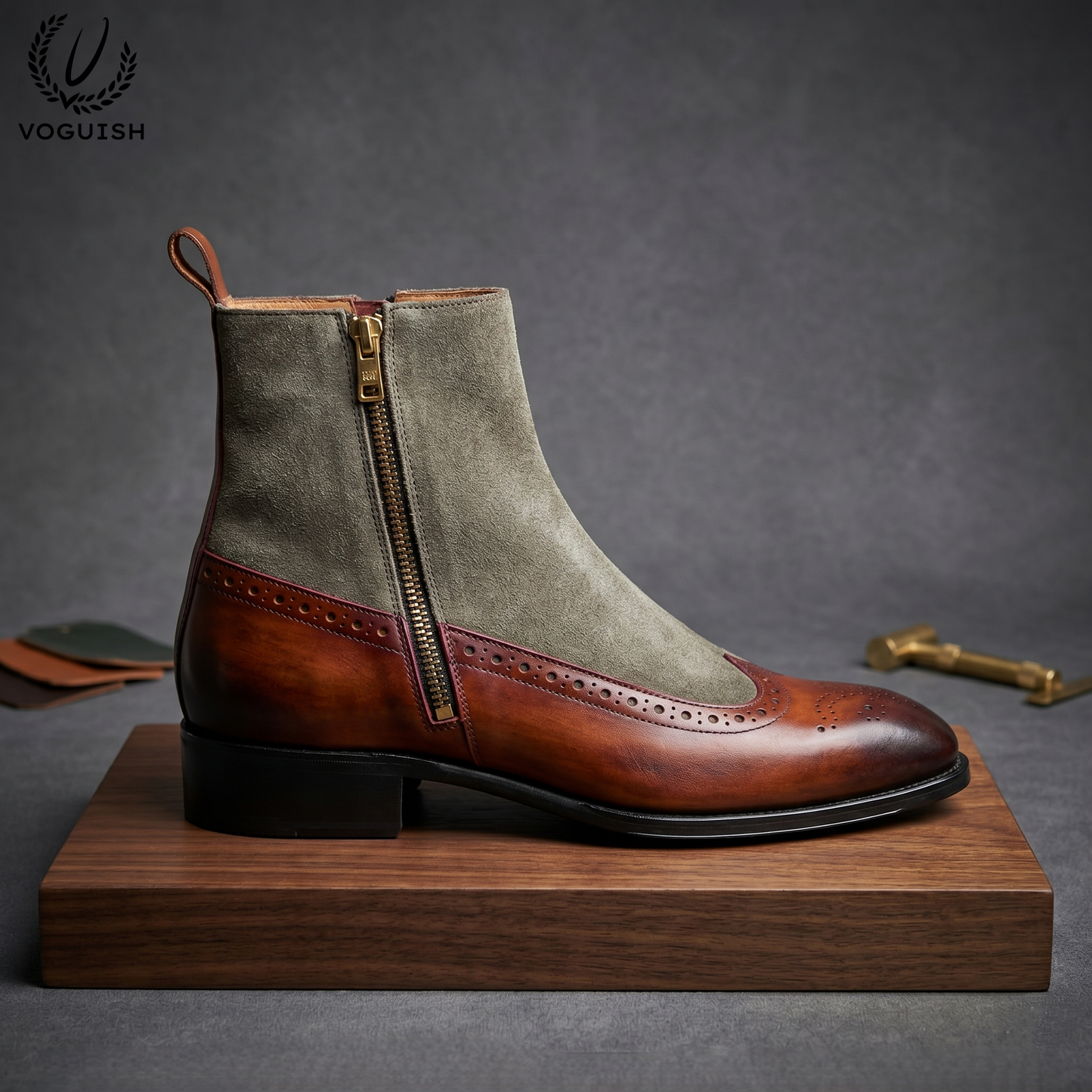 VOGUISH Men's Two-Tone Wingtip Boots Leather & Suede Side-Zip-1111