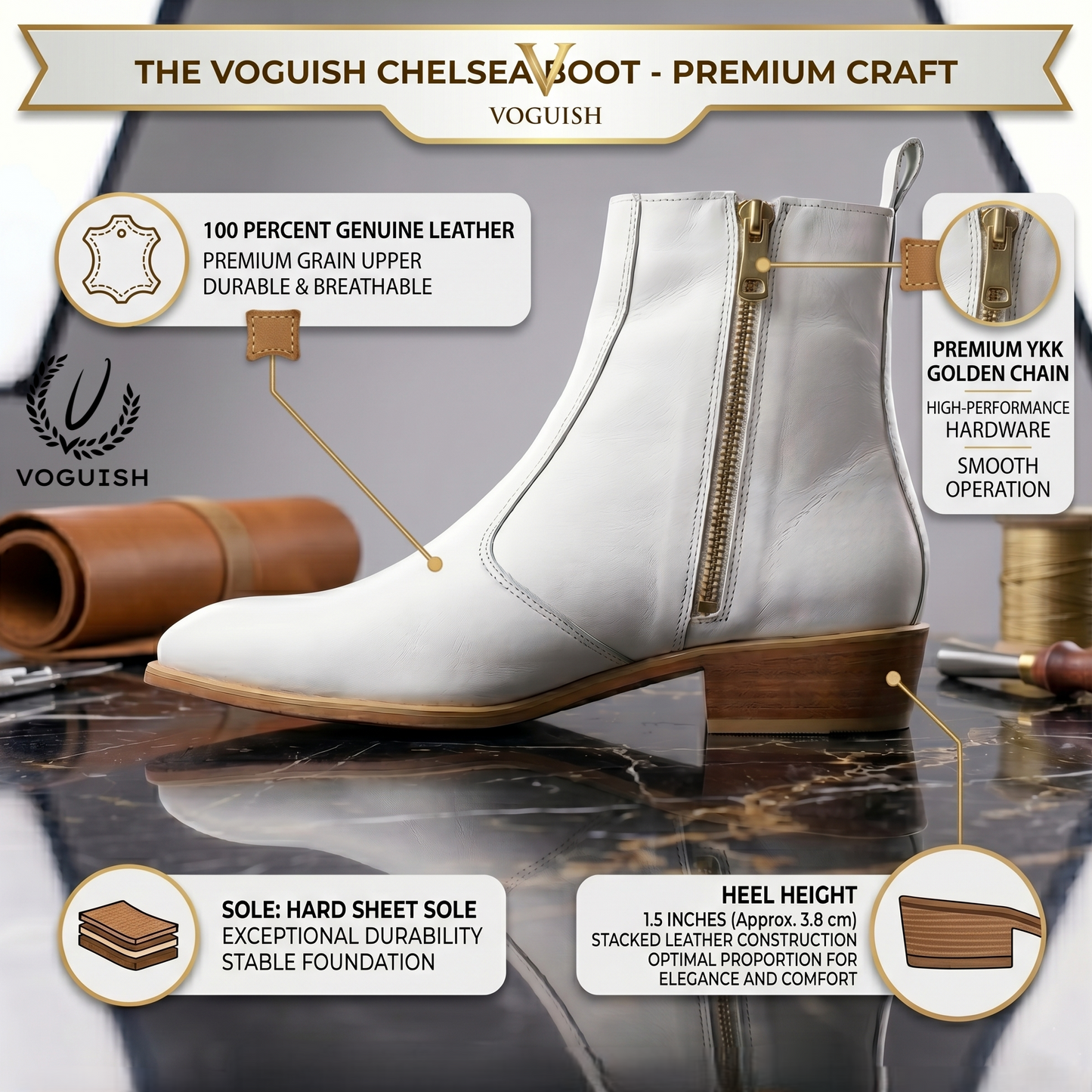 Voguish Premium White Leather Ankle Boots -1102