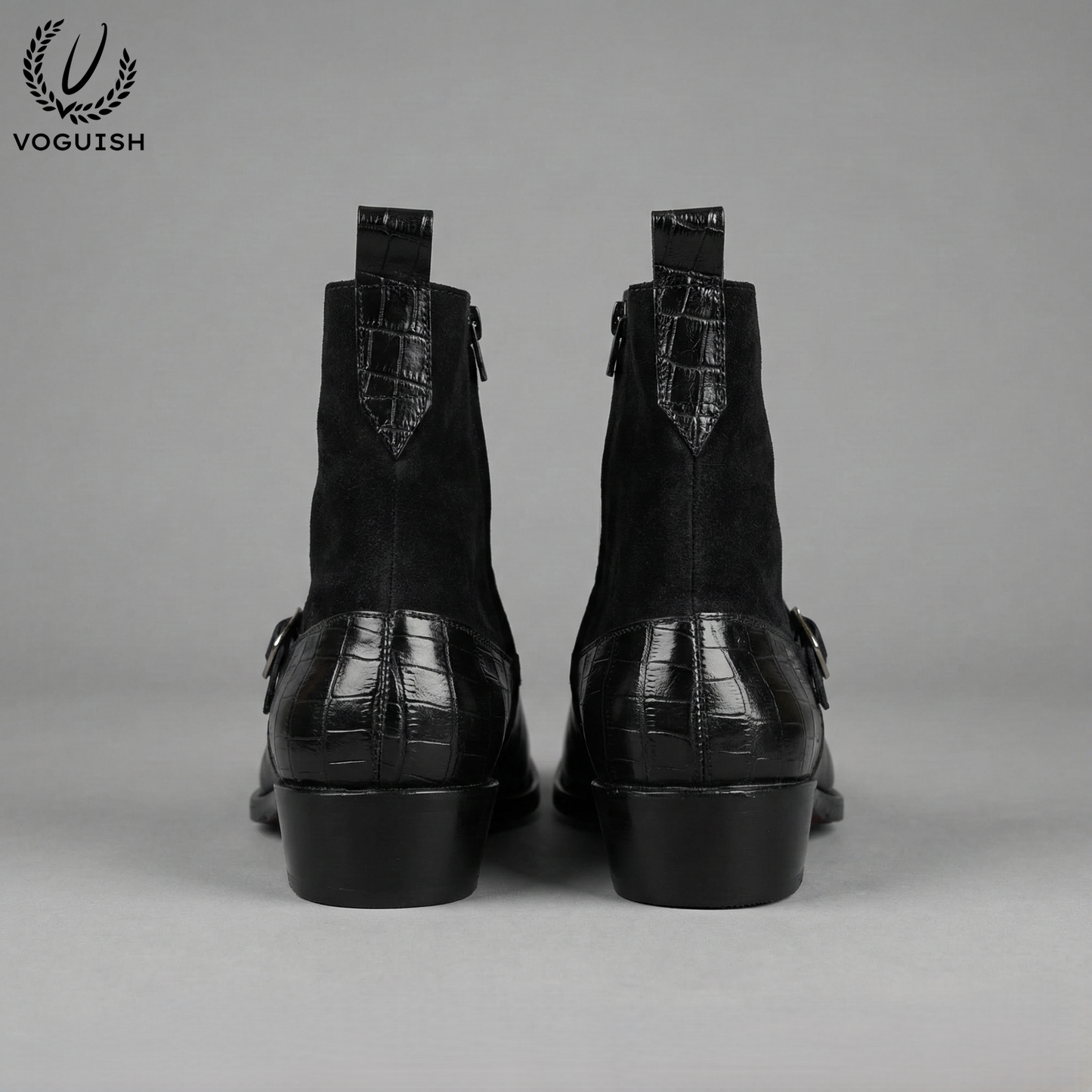 Black Crocodile-Embossed Leather and Suede Double-Buckle Chelsea Boot- 1058 - Product View