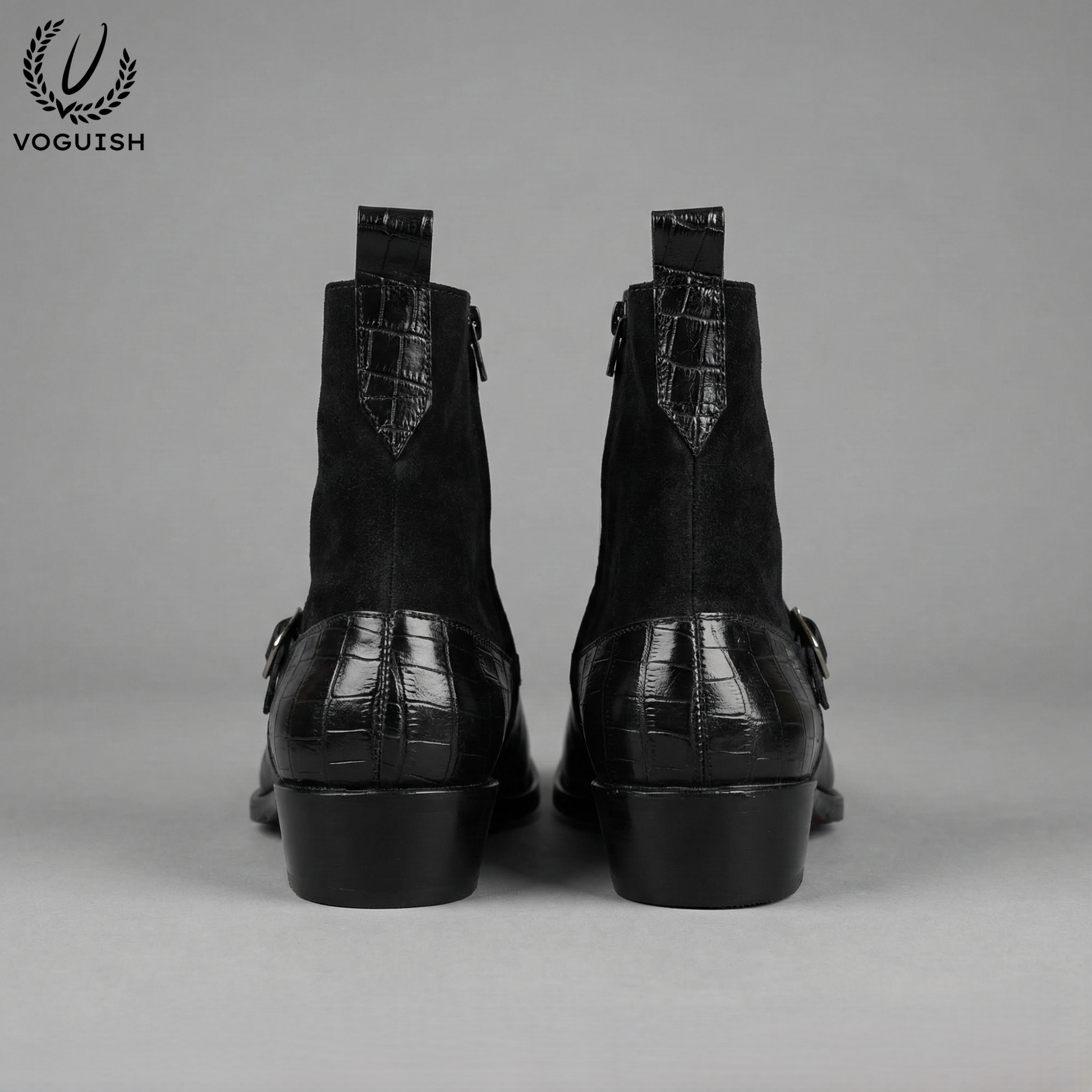 Black Crocodile-Embossed Leather and Suede Double-Buckle Chelsea Boot- 1058 - Product View