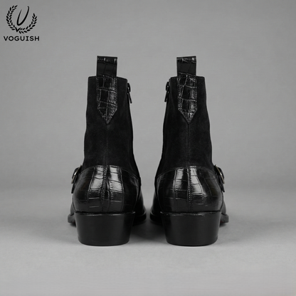 Black Crocodile-Embossed Leather and Suede Double-Buckle Chelsea Boot- 1058 - Product View
