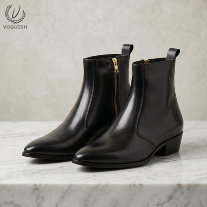 Luxury Pointed-Toe Black Leather Boots | VOGUISH -1152