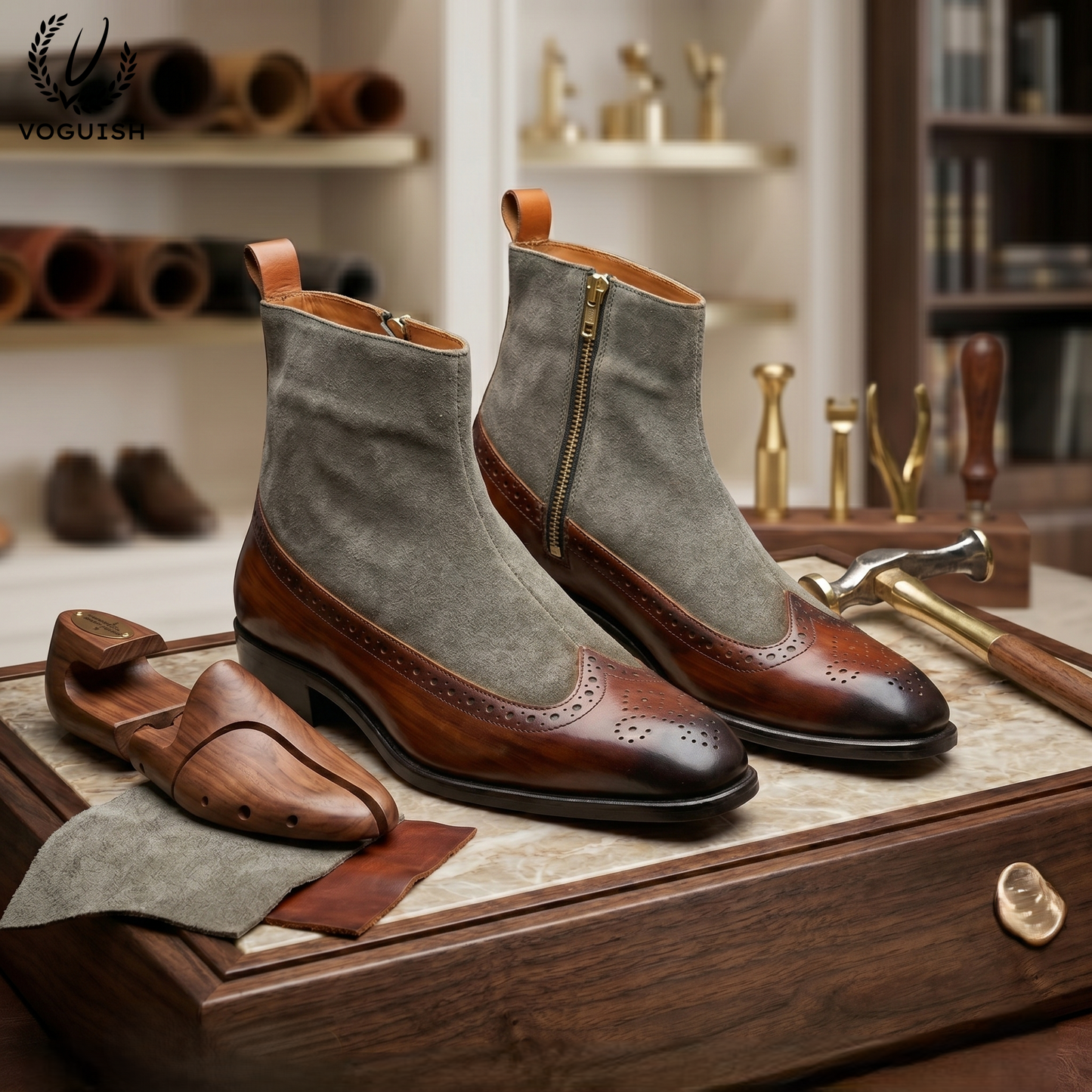 VOGUISH Men's Two-Tone Wingtip Boots Leather & Suede Side-Zip-1111