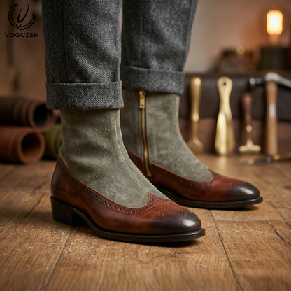 VOGUISH Men's Two-Tone Wingtip Boots Leather & Suede Side-Zip-1111
