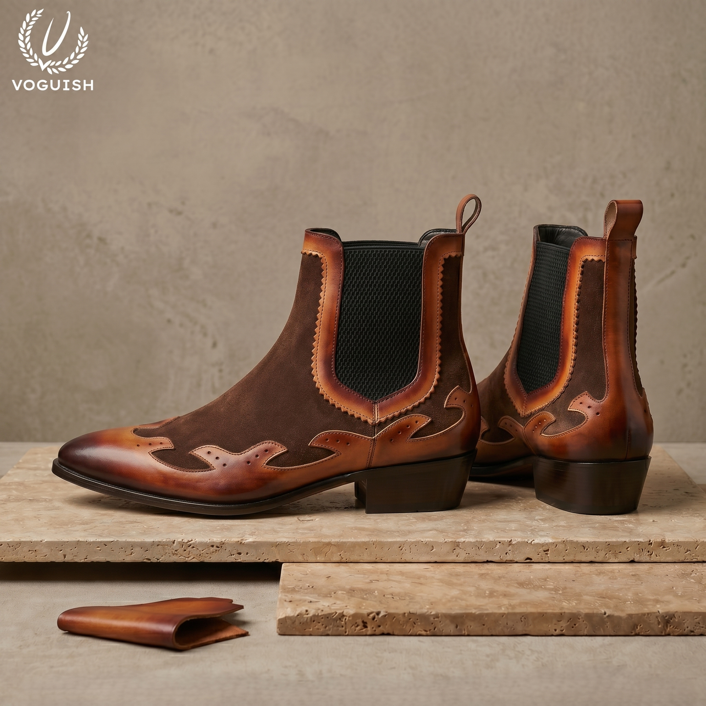 Voguish Men's Western Chelsea Boots – Burnished Leather & Brown Suede|-1203