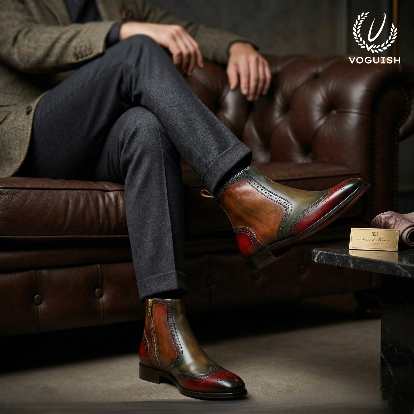 Hand-Painted Men's Leather Brogue Chelsea Boot - 1059 - Product View