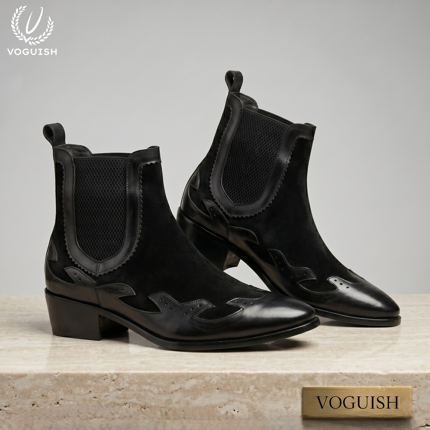 Voguish Black Leather & Suede Western Chelsea Boots-1203