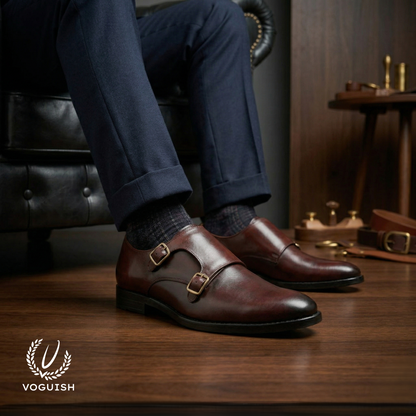 Voguish Double Monk Strap | Hand-Burnished Crust Leather Shoes - 019