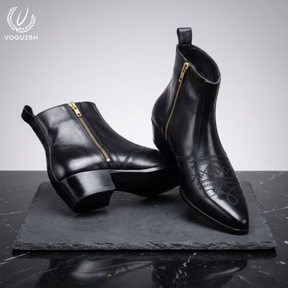 Voguish Premium Black Leather Pointed-Toe Western Ankle Boots - 1153