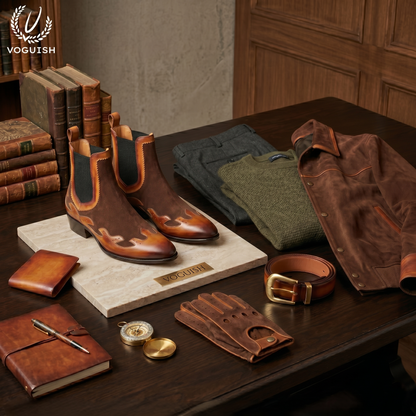 Voguish Men's Western Chelsea Boots – Burnished Leather & Brown Suede|-1203
