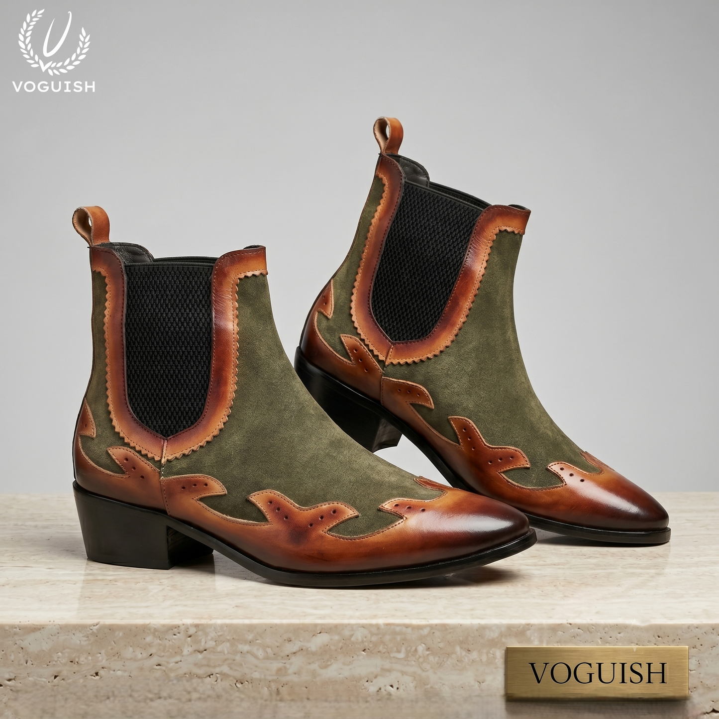 Two-Tone Suede and Leather Ankle Boot by VOGUISH| -1203
