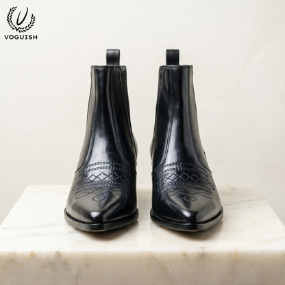 Voguish Premium Black Leather Pointed-Toe Western Ankle Boots - 1153