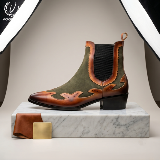 Two-Tone Suede and Leather Ankle Boot by VOGUISH| -1203