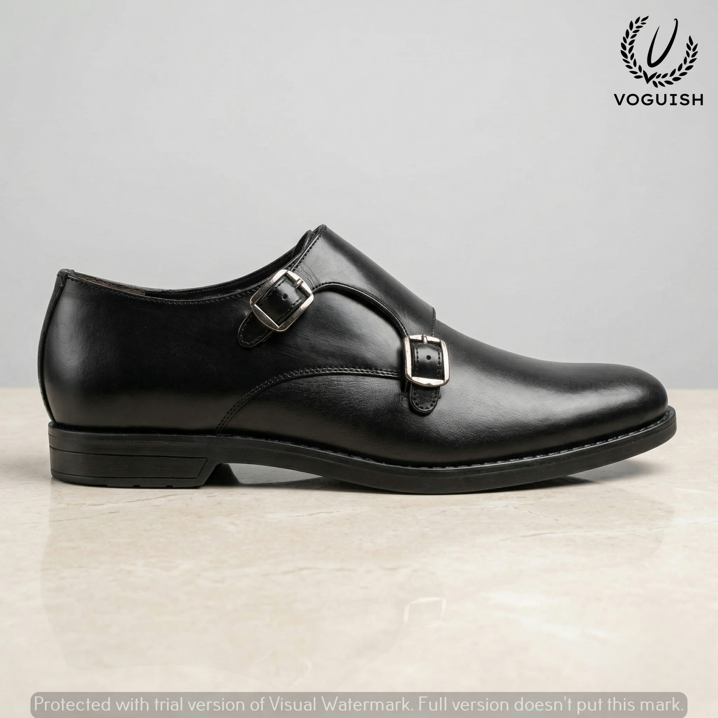 Premium Leather Double Monk Strap Shoes in Black | VOGUISH-019