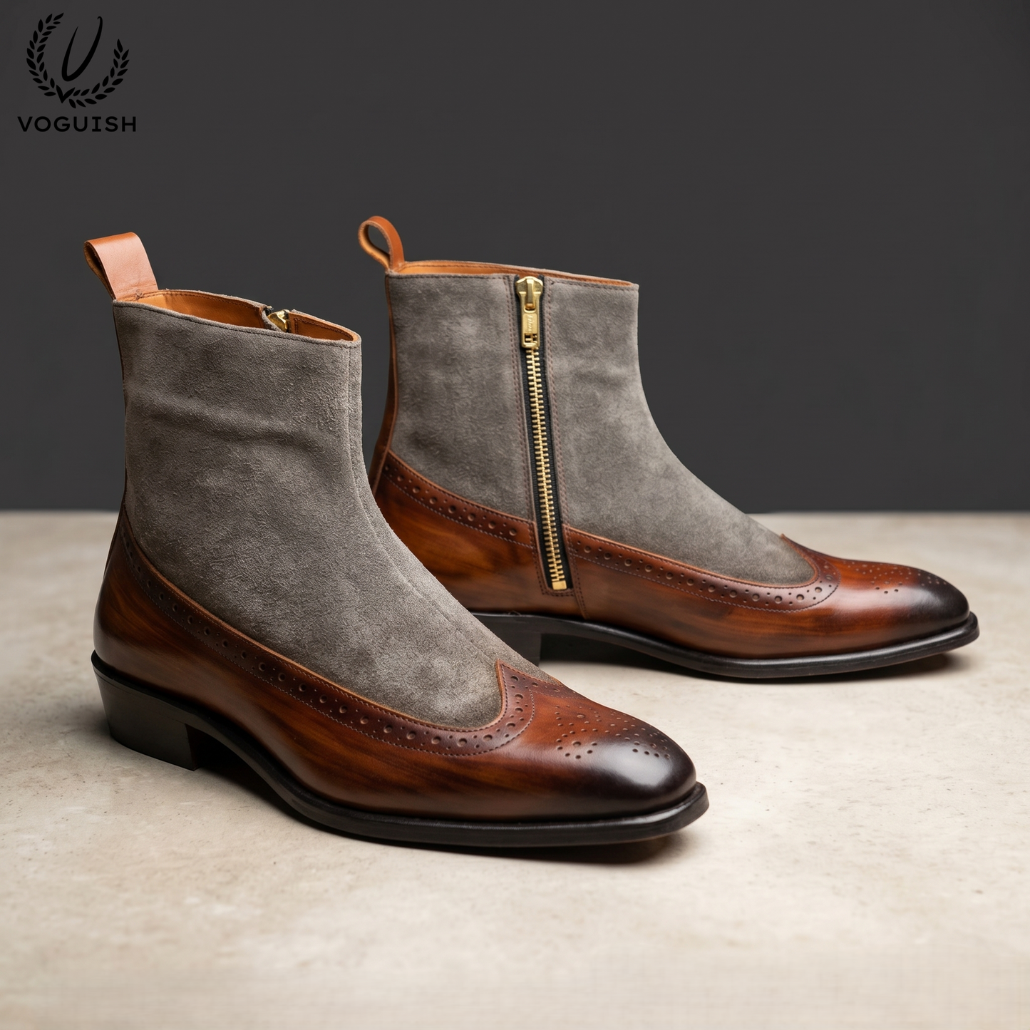 VOGUISH Men's Two-Tone Wingtip Boots Leather & Suede Side-Zip-1111
