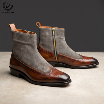 VOGUISH Men's Two-Tone Wingtip Boots Leather & Suede Side-Zip-1111