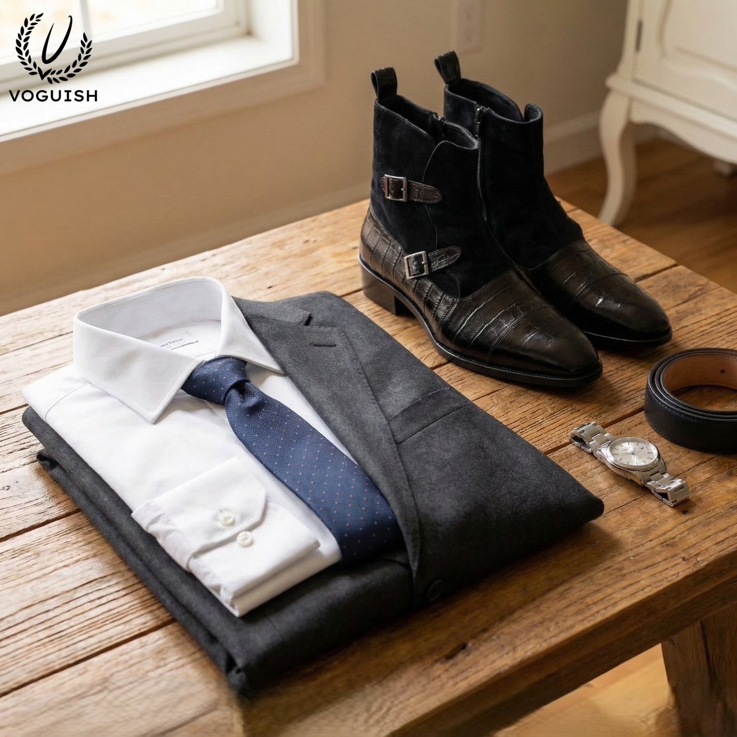 Black Crocodile-Embossed Leather and Suede Double-Buckle Chelsea Boot- 1058 - Product View