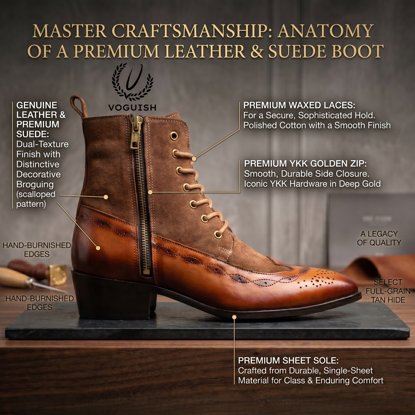 Voguish Premium Handcrafted Leather & Suede Brogue Boots for Men-1202