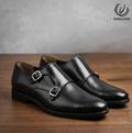 Premium Leather Double Monk Strap Shoes in Black | VOGUISH-019