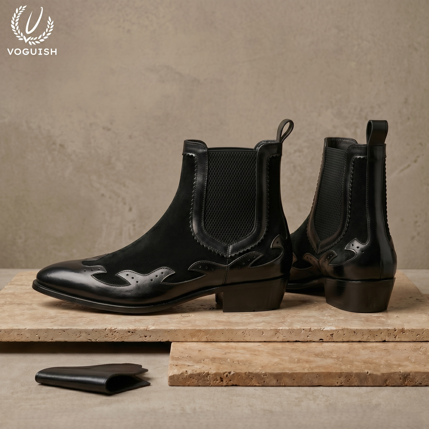 Voguish Black Leather & Suede Western Chelsea Boots-1203