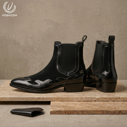Voguish Black Leather & Suede Western Chelsea Boots-1203