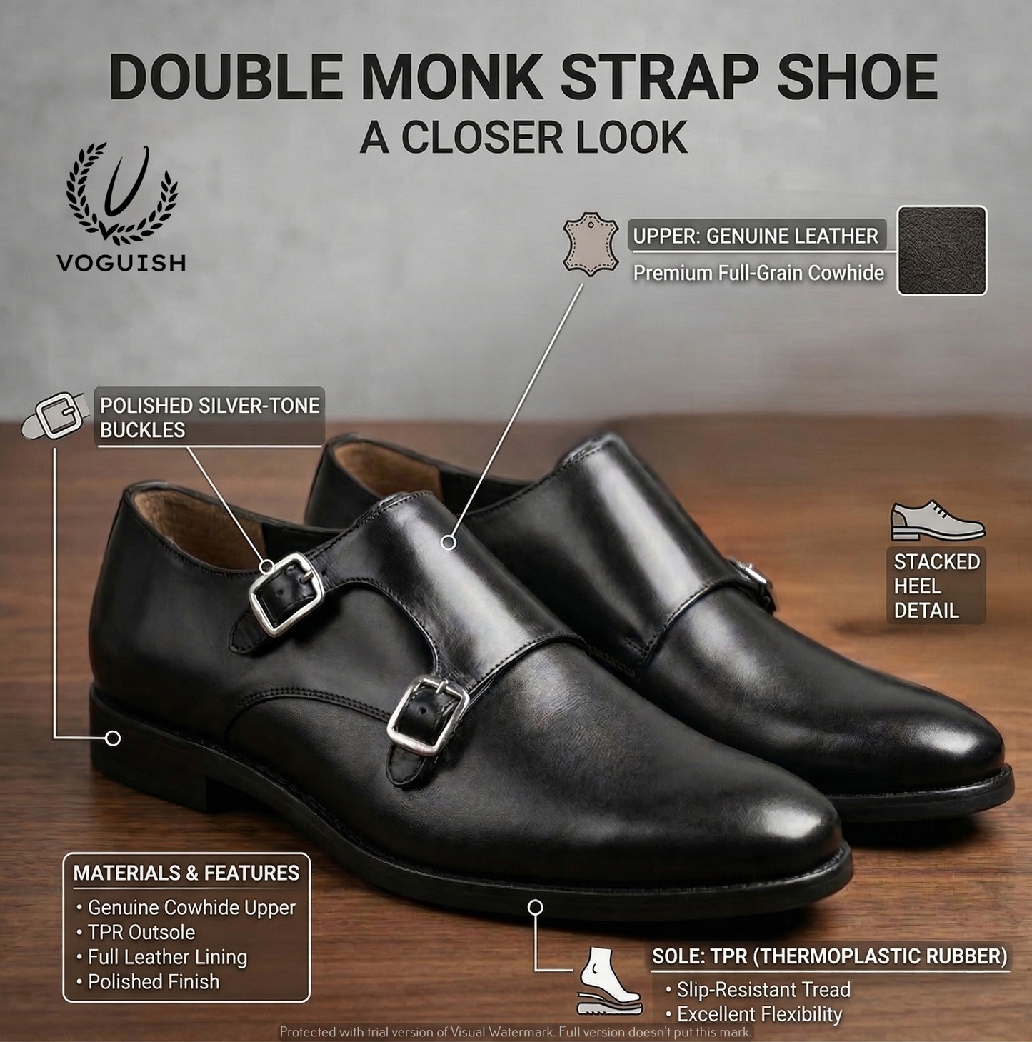 Premium Leather Double Monk Strap Shoes in Black | VOGUISH-019