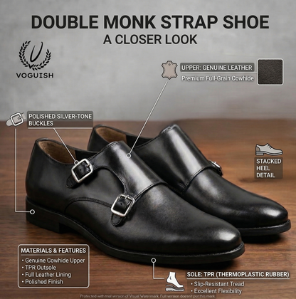 Premium Leather Double Monk Strap Shoes in Black | VOGUISH-019