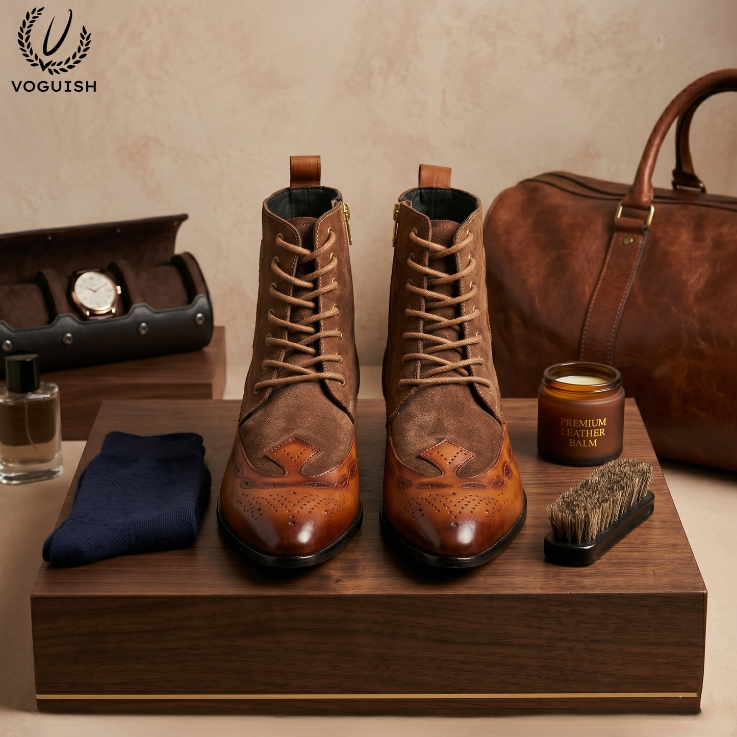Voguish Premium Handcrafted Leather & Suede Brogue Boots for Men-1202