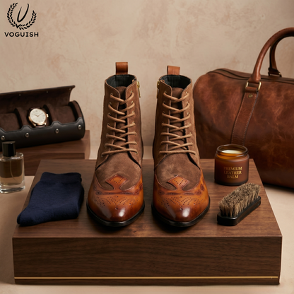 Voguish Premium Handcrafted Leather & Suede Brogue Boots for Men-1202
