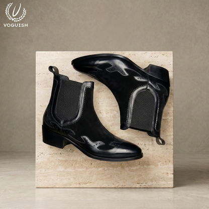 Voguish Black Leather & Suede Western Chelsea Boots-1203