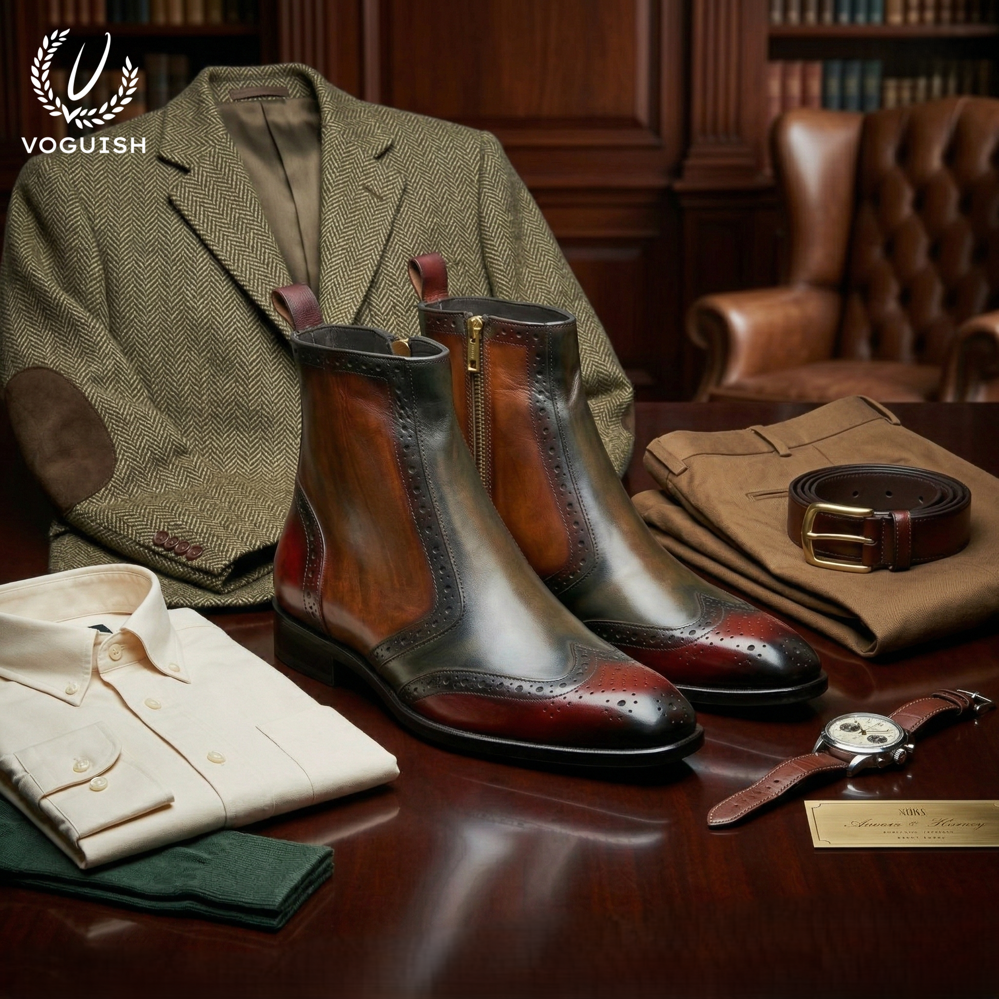 Hand-Painted Men's Leather Brogue Chelsea Boot - 1059 - Product View