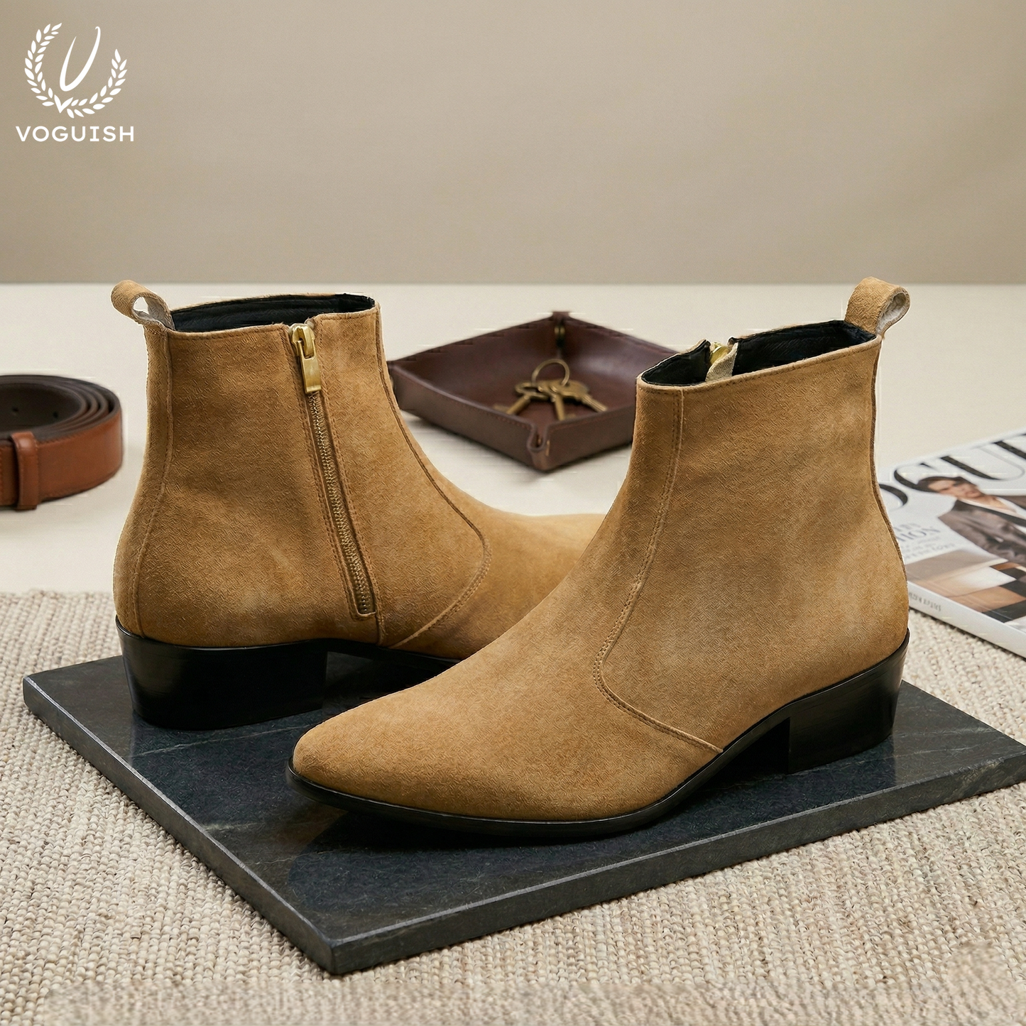 Luxury Cuban Heel Chelsea Boots in Tan Suede | VOGUISH - S1152