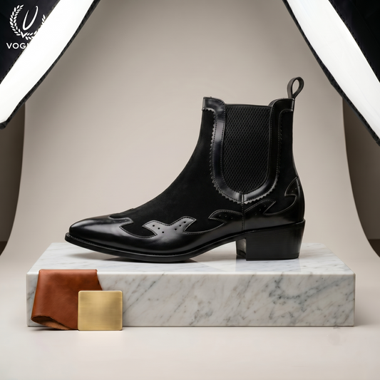 Voguish Black Leather & Suede Western Chelsea Boots-1203