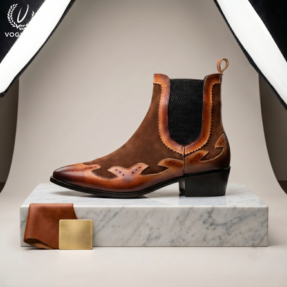 Voguish Men's Western Chelsea Boots – Burnished Leather & Brown Suede|-1203