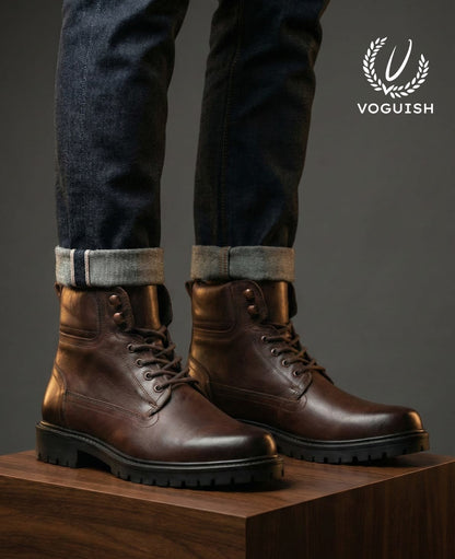 Men’s Premium Brown Genuine Leather Lace-Up Combat Boot -3001 - Product View