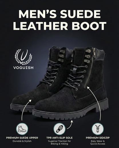 Men's Forest Black Suede Combat Boot - S3004 - Product View