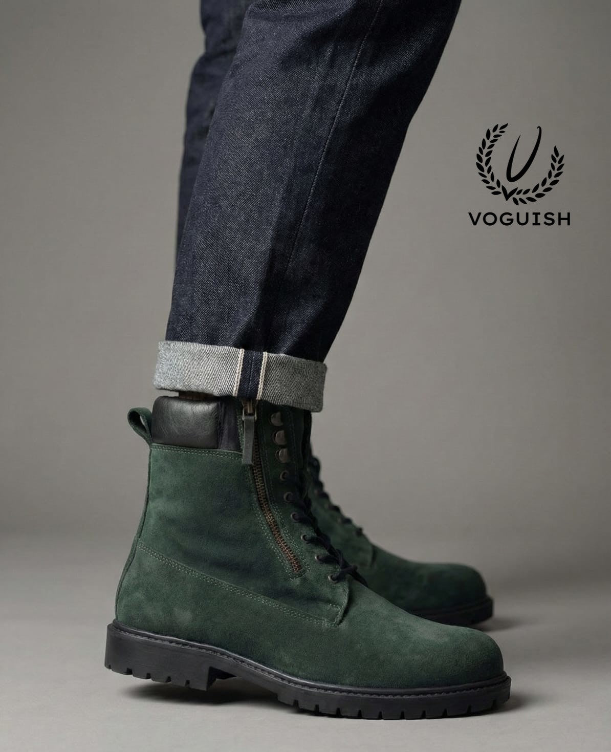 Men's Forest Green Suede Combat Boot - S3004 - Product View