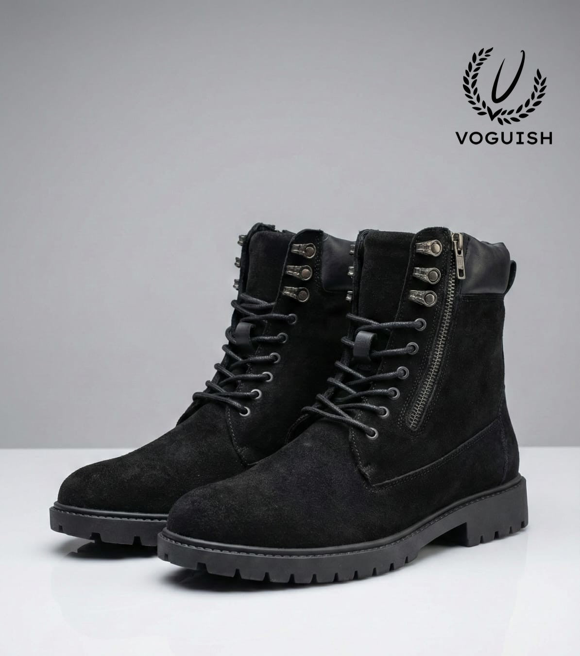 Men's Forest Black Suede Combat Boot - S3004 - Product View