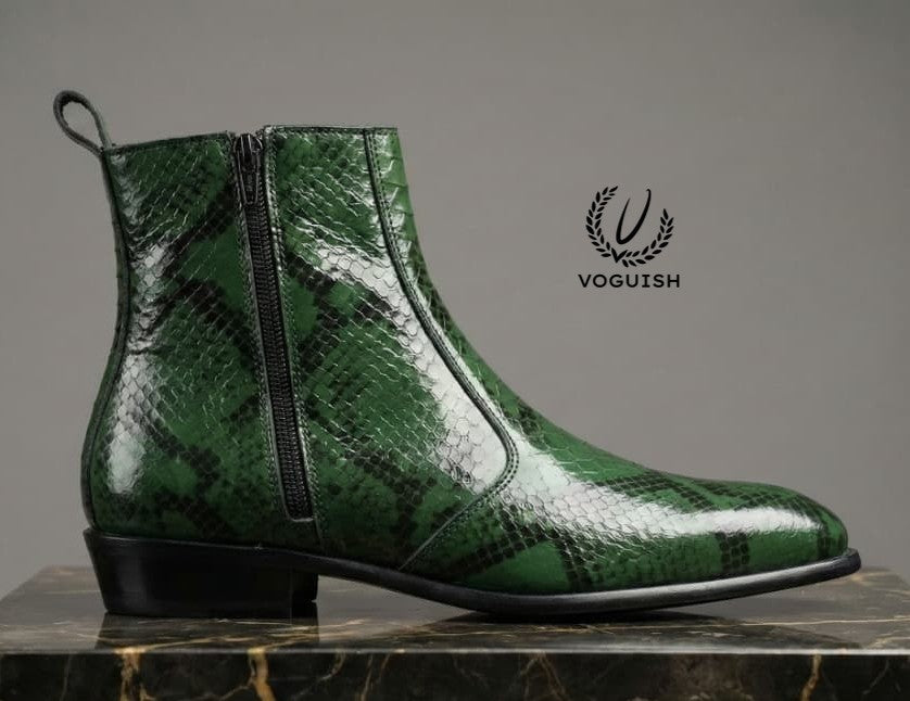 Green Snakeskin Leather Chelsea Boot - 1054 - Product View
