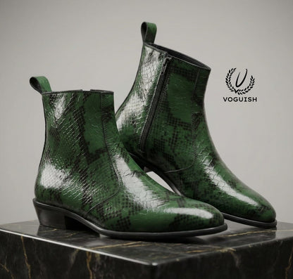 Green Snakeskin Leather Chelsea Boot - 1054 - Product View
