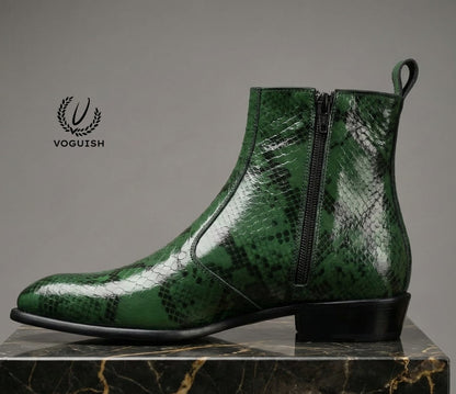 Green Snakeskin Leather Chelsea Boot - 1054 - Product View